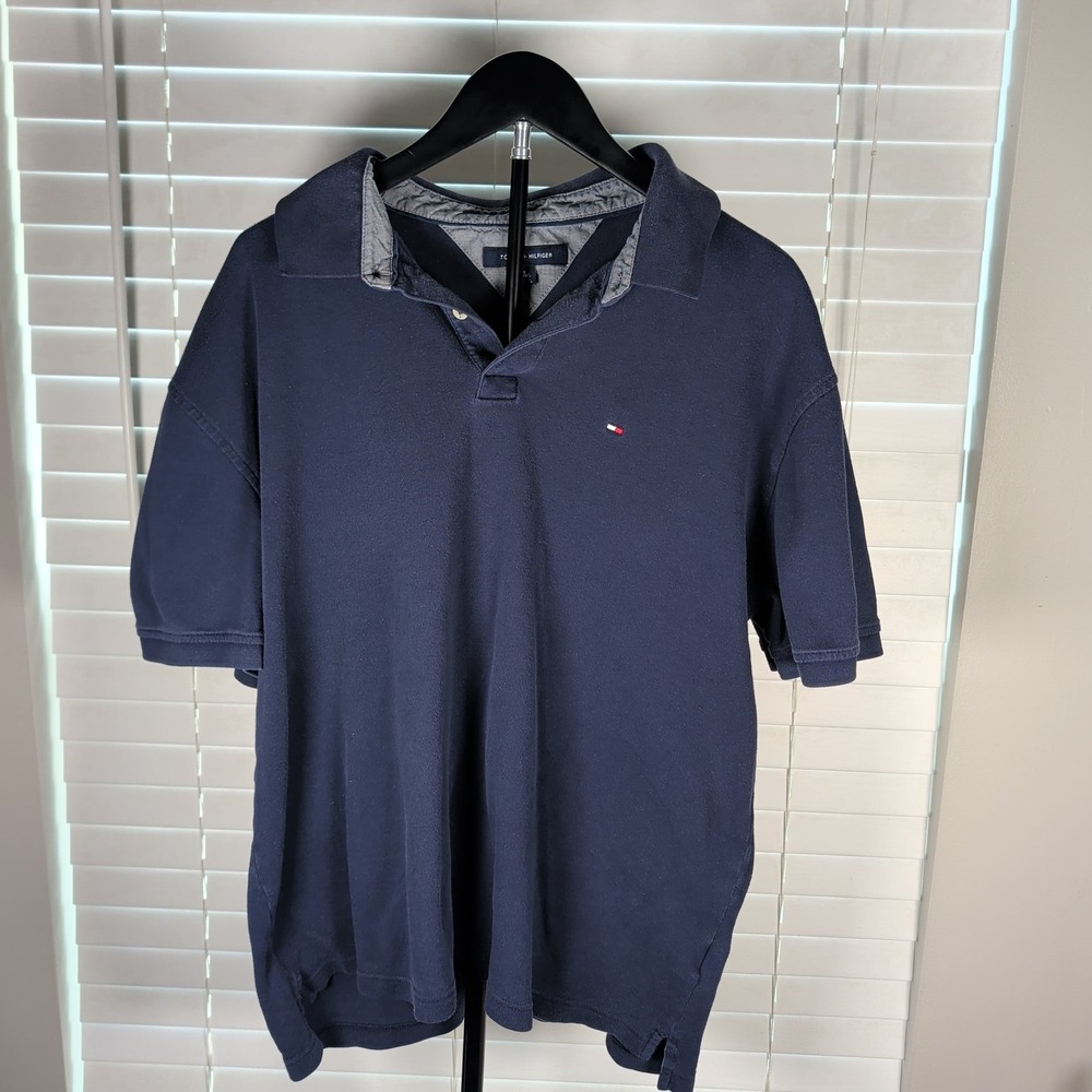 Tommy Hilfiger Polo Shirt Mens XL Navy Blue Cotton Short Sleeve Logo Excellent